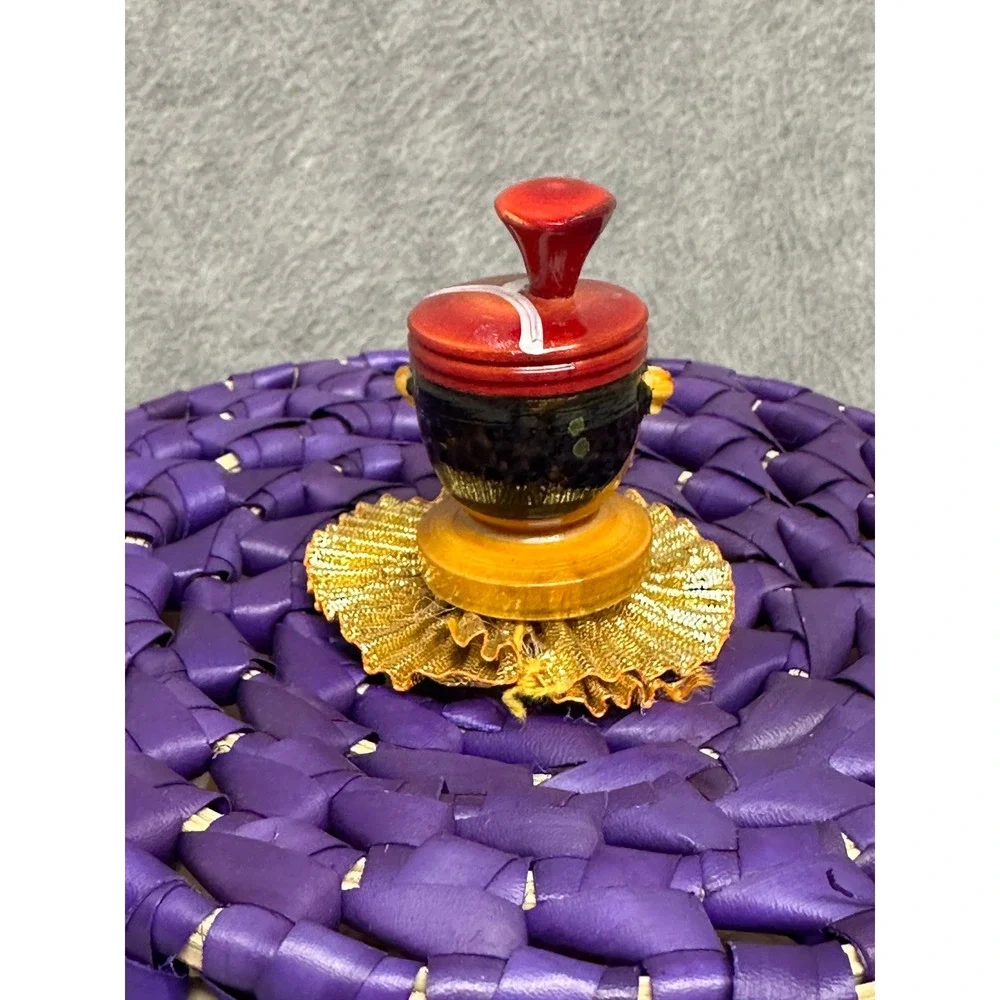 Palm Leaf Basket Purple Natural Woven Lidded Box with Figurine Finial Handcraft